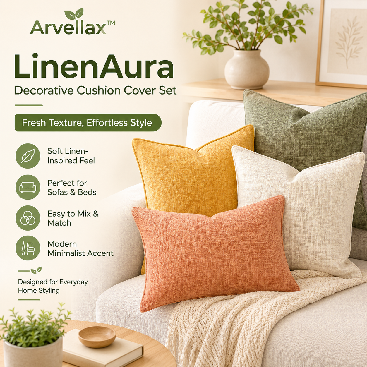 Arvellax™ LinenAura Decorative Cushion Cover Set